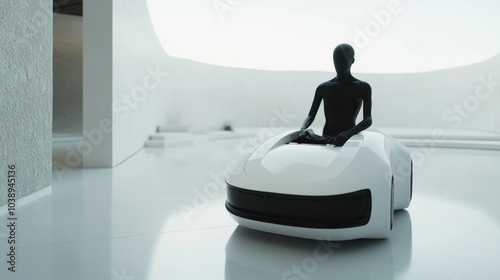 Futuristic robot with a sleek design, sitting in a modern space, showcasing advanced technology and minimalistic aesthetics.