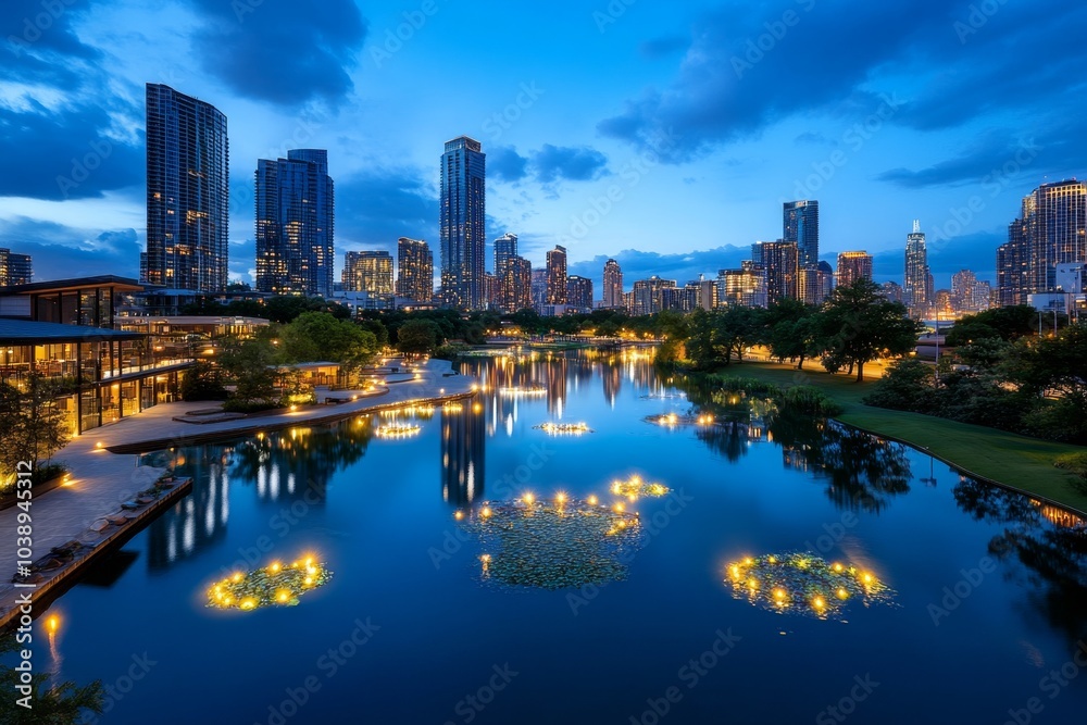 Naklejka premium City skyline at dusk, with skyscrapers reflecting the last rays of sunlight and city lights just beginning to twinkle