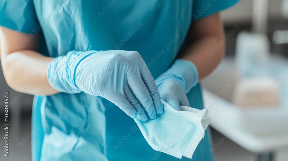 Medical professional in gloves prepares a mask in a healthcare setting, focusing on hygiene and safety measures in patient care. Medical professional in gloves prepares a mask in a healthcare setting, focusing on hygiene and safety measures in patient care.