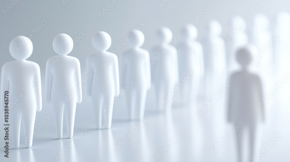 Minimalist design of white figures in a row, representing individuality, unity, and diversity in a soft, modern setting.