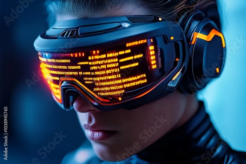 Cyberpunk figure with a visor, their view filled with different digital overlays, each one representing a unique subjective experience in a high-tech world photo