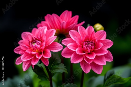 Dahlia blooms in a cottage garden, their bold colors creating a striking contrast with the surrounding greenery