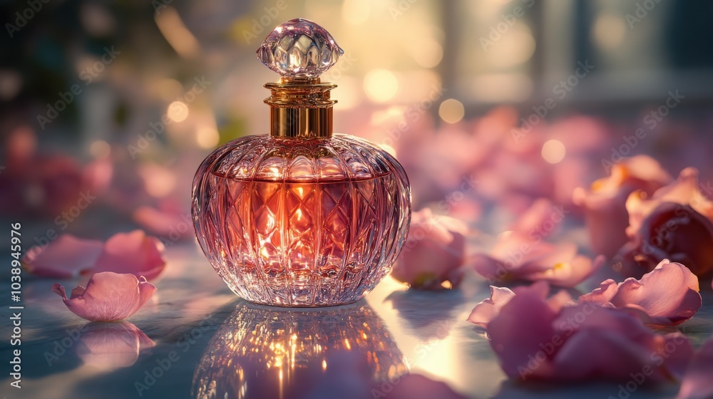 Elegant perfume bottle surrounded by rose petals in soft afternoon light