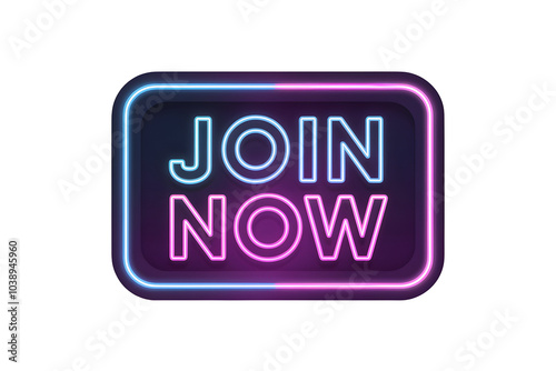 A neon sign with the text "JOIN NOW," glowing in vibrant blue and pink against a dark background, inviting immediate action.