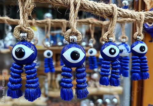 A row of blue evil eye nazar amulets beads hanging on jute ropes in the store. Oriental Turkish blue pendant decorative nazar amulets for home with an eye against the evil eye, the eye of Fatima photo