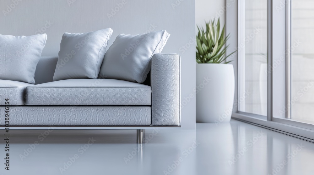 Modern living room featuring a sleek sofa, decorative pillows, and a vibrant plant near large windows, embodying elegance and comfort. Modern living room featuring a sleek sofa, decorative pillows, and a vibrant plant near large windows, embodying elegance and comfort.