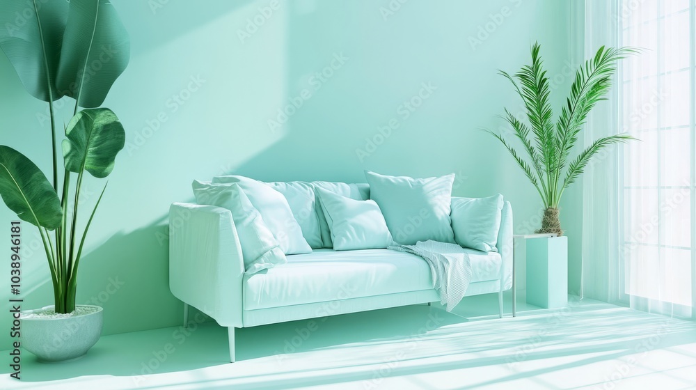 Modern mint green living room featuring a cozy sofa and vibrant plants for a fresh and inviting atmosphere. Modern mint green living room featuring a cozy sofa and vibrant plants for a fresh and inviting atmosphere.