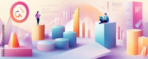 Modern digital marketing illustration showing data analysis, growth charts, and professional figures on abstract geometric shapes.