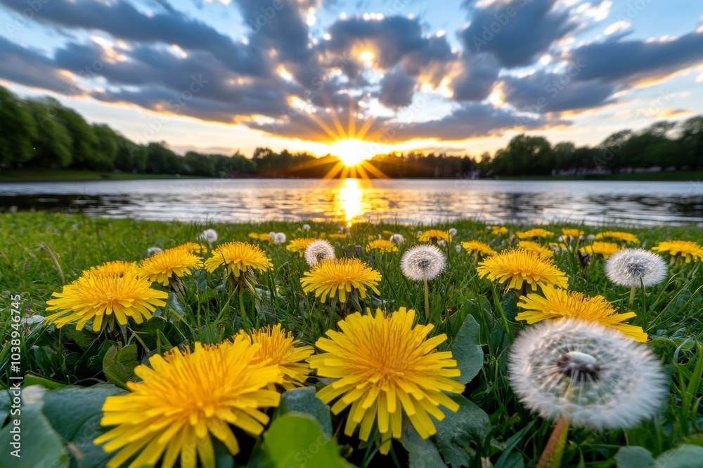 Obraz premium Dandelions at sunset, their yellow flowers and white seed heads bathed in the warm glow of evening light