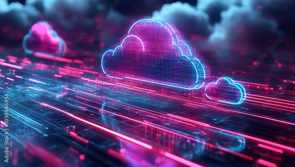 Neon light cloud computing futuristic technology. A glowing cloud symbol formed of data in a network of digital lines. A futuristic data center with neon lights and cloud computing network concepts. Neon light cloud computing futuristic technology. A glowing cloud symbol formed of data in a network of digital lines. A futuristic data center with neon lights and cloud computing network concepts.