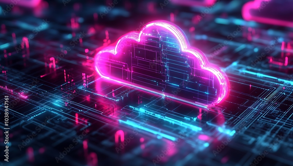 Neon light cloud computing futuristic technology. A glowing cloud symbol formed of data in a network of digital lines. A futuristic data center with neon lights and cloud computing network concepts. Neon light cloud computing futuristic technology. A glowing cloud symbol formed of data in a network of digital lines. A futuristic data center with neon lights and cloud computing network concepts.
