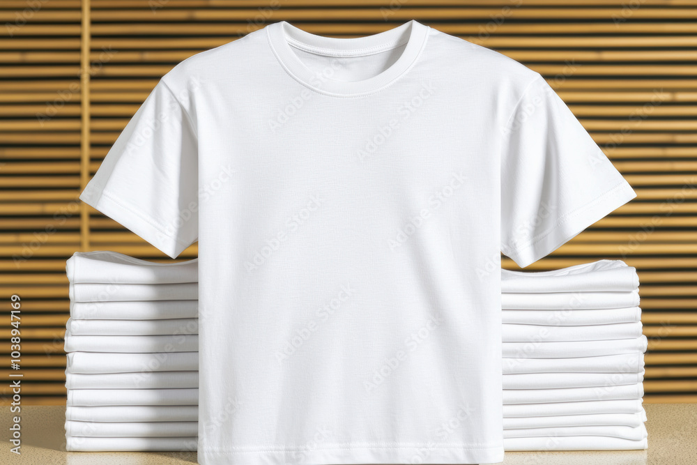 Stack of blank white t-shirts displayed on a shop counter, inviting customers to choose and personalize their style Stack of blank white t-shirts displayed on a shop counter, inviting customers to choose and personalize their style