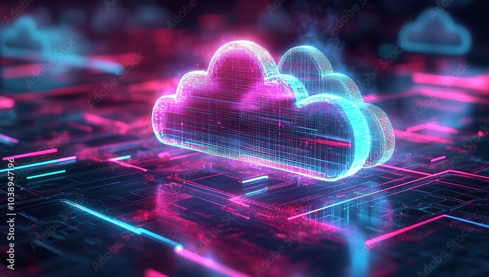 Neon light cloud computing futuristic technology. A glowing cloud symbol formed of data in a network of digital lines. A futuristic data center with neon lights and cloud computing network concepts. Neon light cloud computing futuristic technology. A glowing cloud symbol formed of data in a network of digital lines. A futuristic data center with neon lights and cloud computing network concepts.
