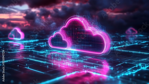Neon light cloud computing futuristic technology. A glowing cloud symbol formed of data in a network of digital lines. A futuristic data center with neon lights and cloud computing network concepts.