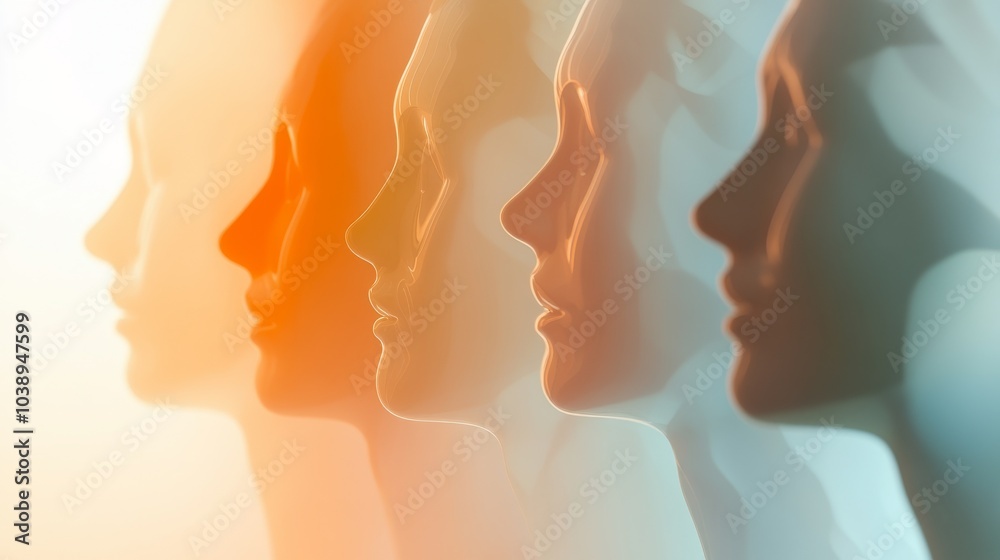Stylized profile silhouettes in soft colors, representing diversity, unity, and beauty. Perfect for creative projects and designs. Stylized profile silhouettes in soft colors, representing diversity, unity, and beauty. Perfect for creative projects and designs.