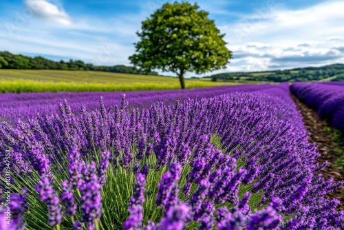 Field of lavender stretching into the distance, with a lone tree standing tall under a bright blue sky