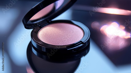 Blush compact with pink hue, elegant reflection on glossy surface, perfect for beauty and makeup themes.