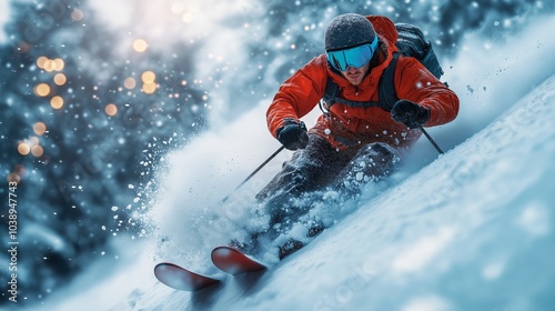 Skier speeding down snowy slope in red jacket, dynamic winter sports action with motion blur, snowy forest background, ideal for winter sports promotion photo