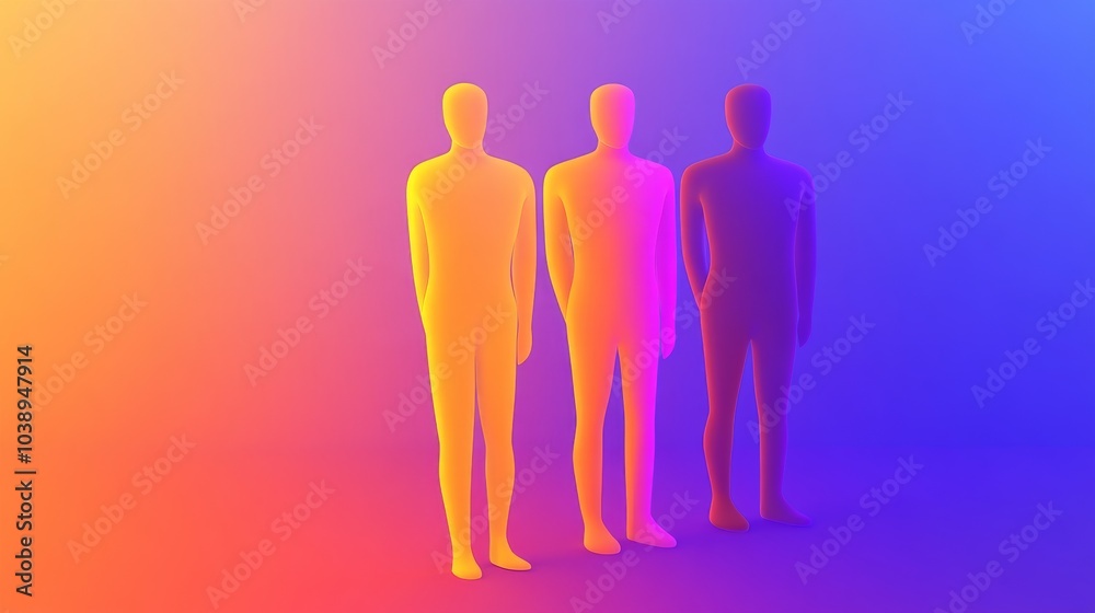 Three stylized human figures stand against a vibrant gradient background, showcasing diverse silhouettes in vivid colors. Three stylized human figures stand against a vibrant gradient background, showcasing diverse silhouettes in vivid colors.
