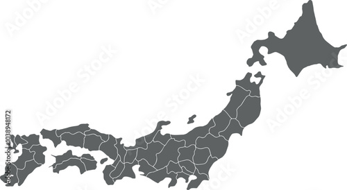 Grey Map of Japan with Prefecture Boundaries Vector Illustration