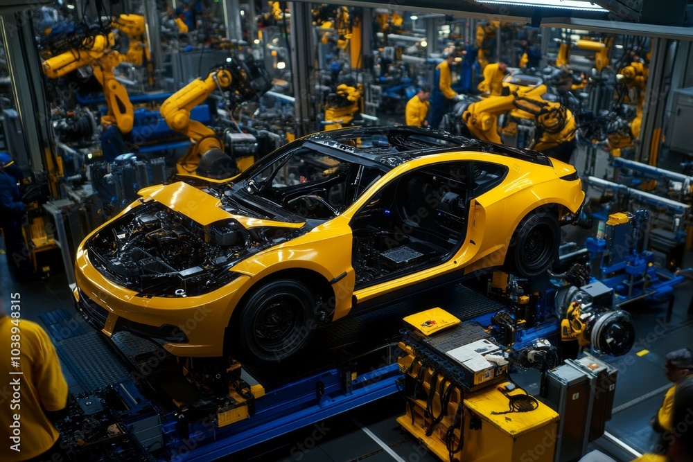 Fototapeta premium Futuristic factory with AI-controlled robots, holographic interfaces, and self-assembling machines, representing the future of industrial technology