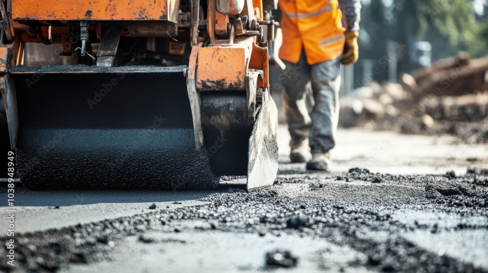 A close-up shot of a construction worker operating heavy machinery to lay asphalt on a road under construction, Road construction scene, Industrial and practical style A close-up shot of a construction worker operating heavy machinery to lay asphalt on a road under construction, Road construction scene, Industrial and practical style