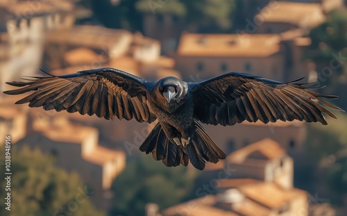 A majestic bird gliding over an ancient village at sunset, wings spread wide photo