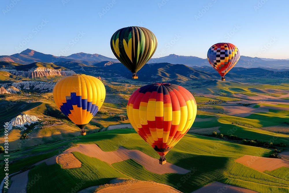 Obraz premium Hot air balloons floating above a valley at sunrise, casting long shadows over the patchwork fields below