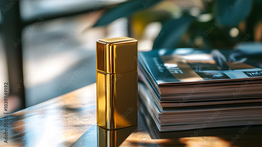 A Stylish Modern Gold Lighter Placed Alongside Trendy Fashion Magazines in a Chic CafÚ Setting Exuding Sophistication