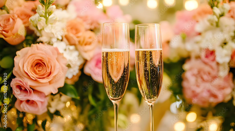 Extravagant Wedding Reception with Stunning Champagne Glasses Toasting Amidst Lush Floral Arrangements