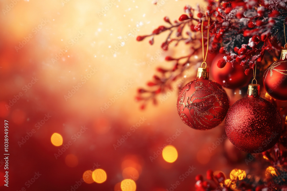 Obraz premium Christmas balls hang from a tree adorned with red and gold ornaments.