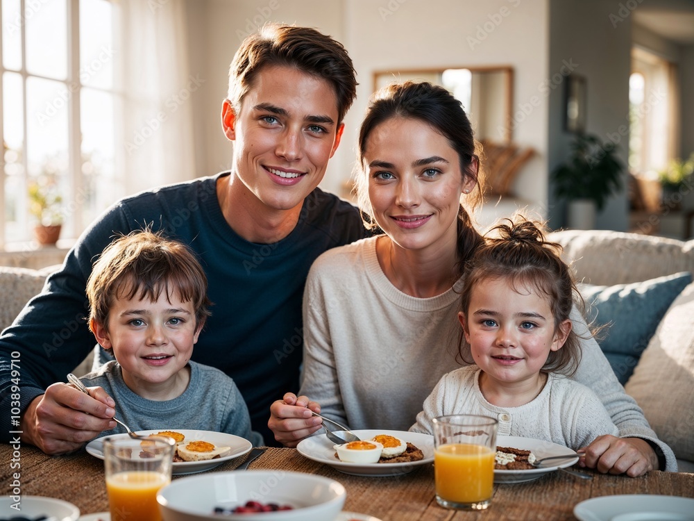 A young married couple has breakfast with their children in a sunny living room. A young married couple has breakfast with their children in a sunny living room.