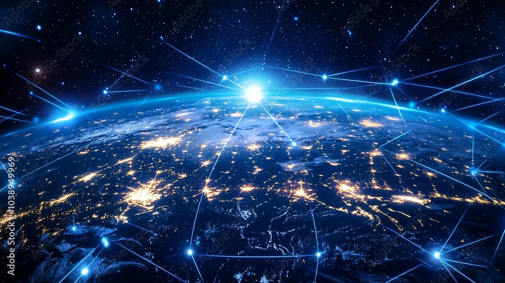 Earth at Night with Interconnected Blue Lines and Stars Earth at Night with Interconnected Blue Lines and Stars