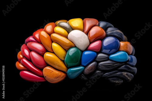 Illustrated brain with multiple colors and shapes inside, each representing a different subjective thought or emotion