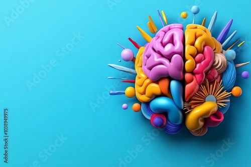 Illustrated brain with multiple colors and shapes inside, each representing a different subjective thought or emotion