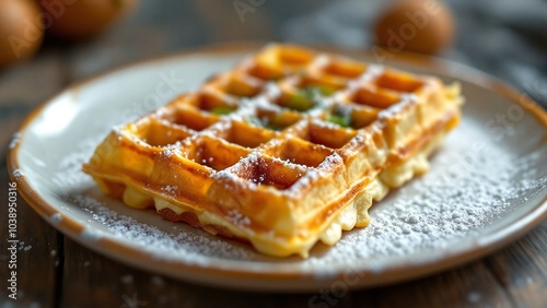 Classic waffle dusted with powdered sugar, served on a rustic wooden plate