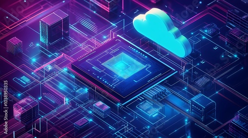 Computer chip with cloud connected to network of digital nodes, symbolizing integrated services. Blue and pink background of the future world. A computer screen with a cloud on it.