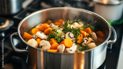 A Comforting Pot of Simmering Mushroom Chicken Soup Infused with Vibrant Vegetables and Fragrant Herbs photo