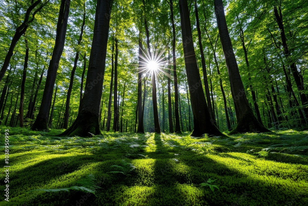 Obraz premium Lush forest with sunlight streaming through tall trees, casting shadows on a carpet of moss and ferns