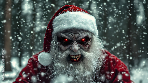 An Alternative Demonic Version of Santa Claus Lurking in a Snowy Forest with Piercing Red Eyes