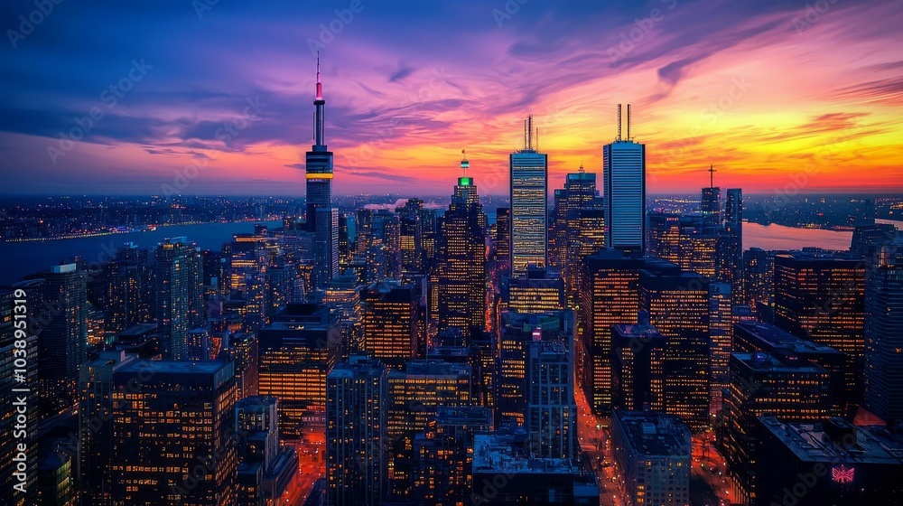 Fototapeta premium Stunning city skyline at sunset, with dramatic clouds and lights illuminating tall buildings.