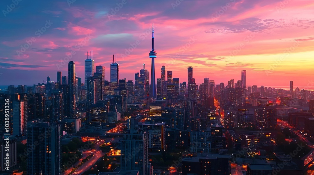 Fototapeta premium Stunning skyline of Toronto at sunset, showcasing vibrant colors and iconic structures against a breathtaking sky.