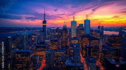 Stunning city skyline at sunset, with dramatic clouds and lights illuminating tall buildings.