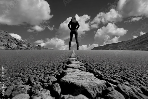 Minimalist figure standing on an empty road, with the horizon stretching out in front of them, symbolizing freedom and self-determination photo