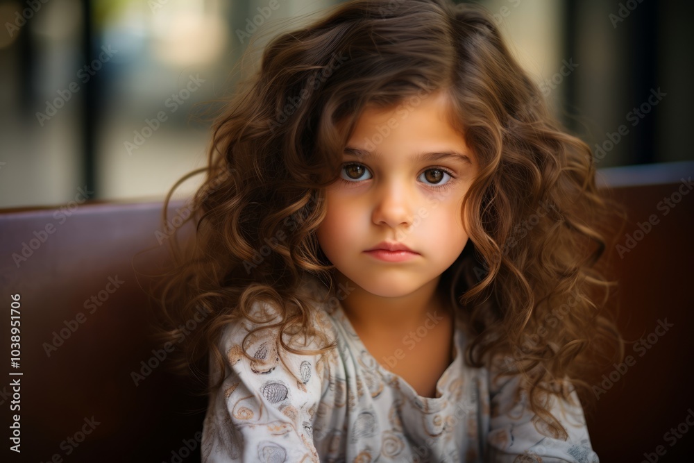 Portrait of a cute little girl with curly hair in cafe.