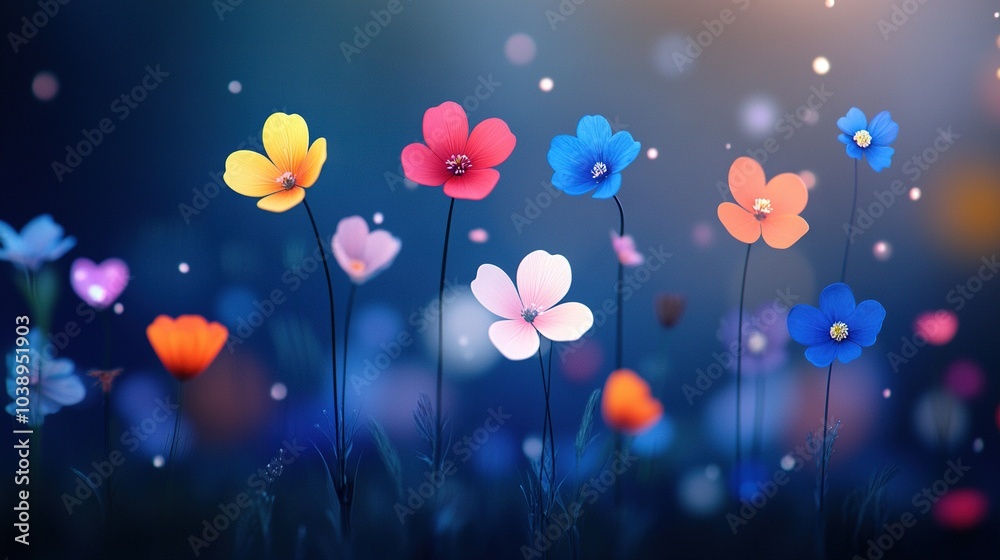   A collection of vibrant blossoms against a navy-black backdrop, with a blue sky in the distance