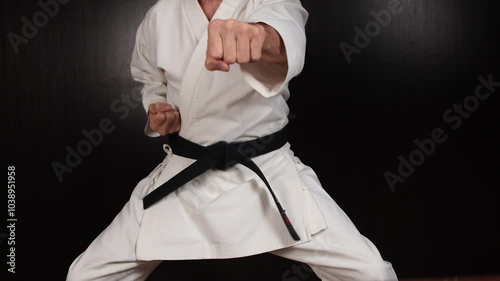 A man in a white kimono with a black belt does punches. B roll