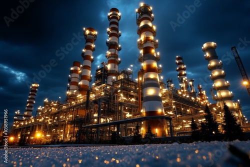 Oil refinery at dusk, with massive industrial towers and pipelines, illuminated by the warm glow of industrial lights photo