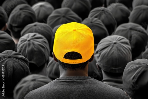 Person standing in a crowd, with the world around them in vibrant color while everyone else sees in black and white, showing subjective experience