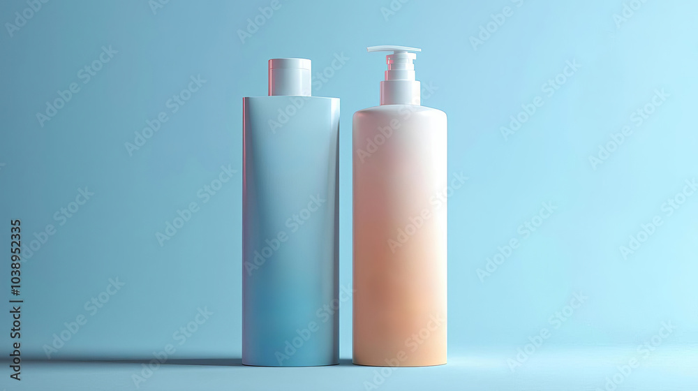 Two stylish cosmetic bottles on a soft blue background, perfect for beauty product promotion. Two stylish cosmetic bottles on a soft blue background, perfect for beauty product promotion.